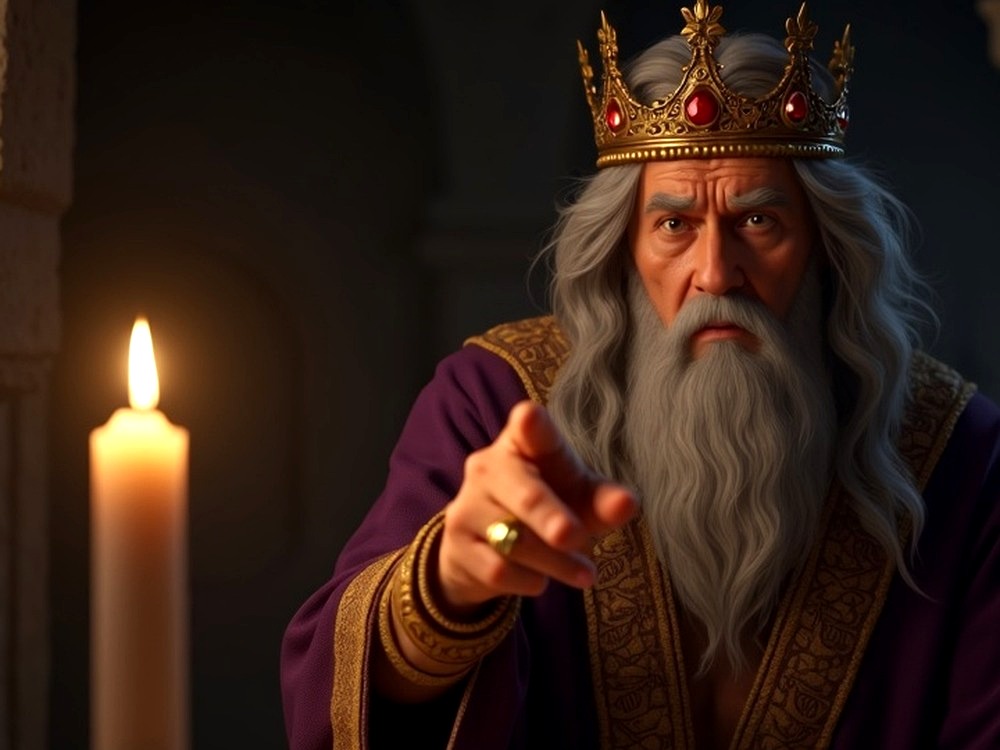 King Solomon face in contemplative study, weighing wisdom before judgment